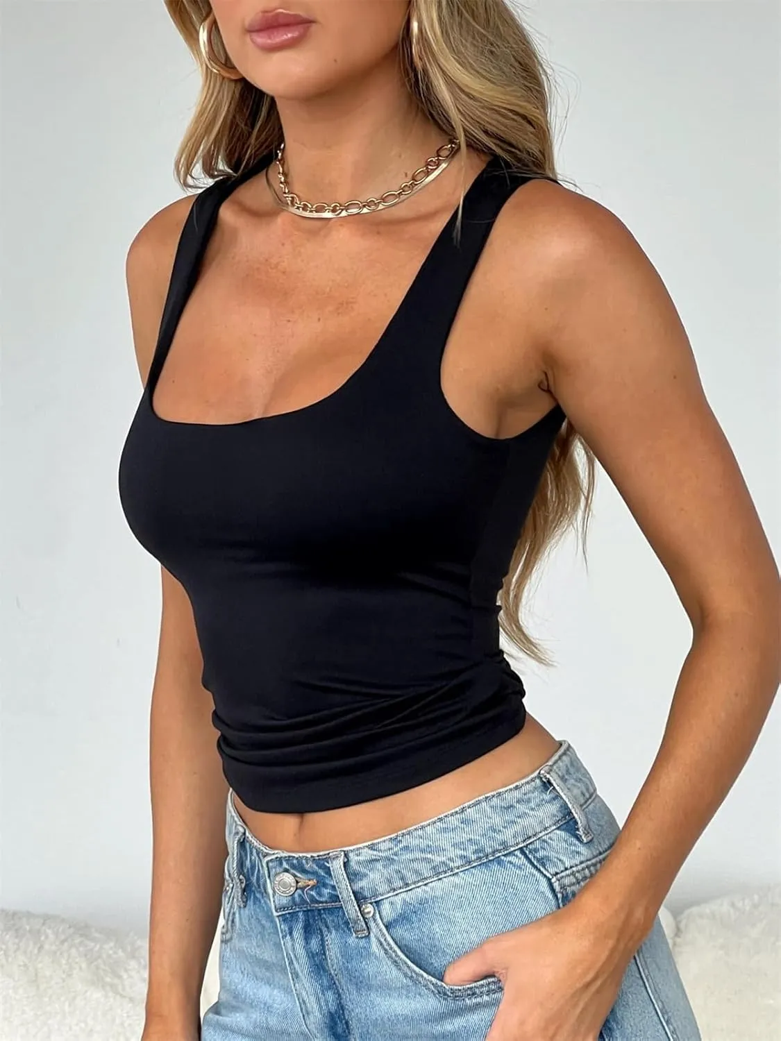 ForeFair Women's Sleeveless Square Neck Tank Top Double Layer Basic Crop Tops Summer Fitness Workout Casual Tops