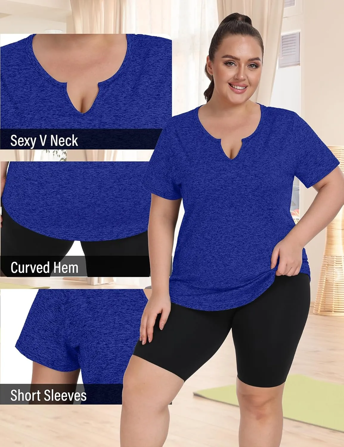FOREYOND Plus Size Workout Tops for Women Short Sleeves V-Neck Yoga Shirts Loose Fit Athletic Gym Clothing Summer