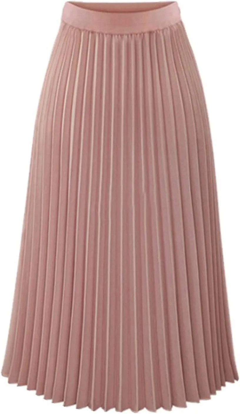 FZYLQY 2025 Fashion Womens Pleated Midi Skirt,High Waist Swing Boho Pleated Skirt Casual Chiffon Elastic A-line Long Skirts