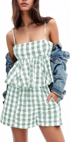 Gingham 2 Piece Lounge Sets For Women Plaid Sleeveless Peplum Crop Tank Tops Boxer Shorts Sets Matching Vacation Set
