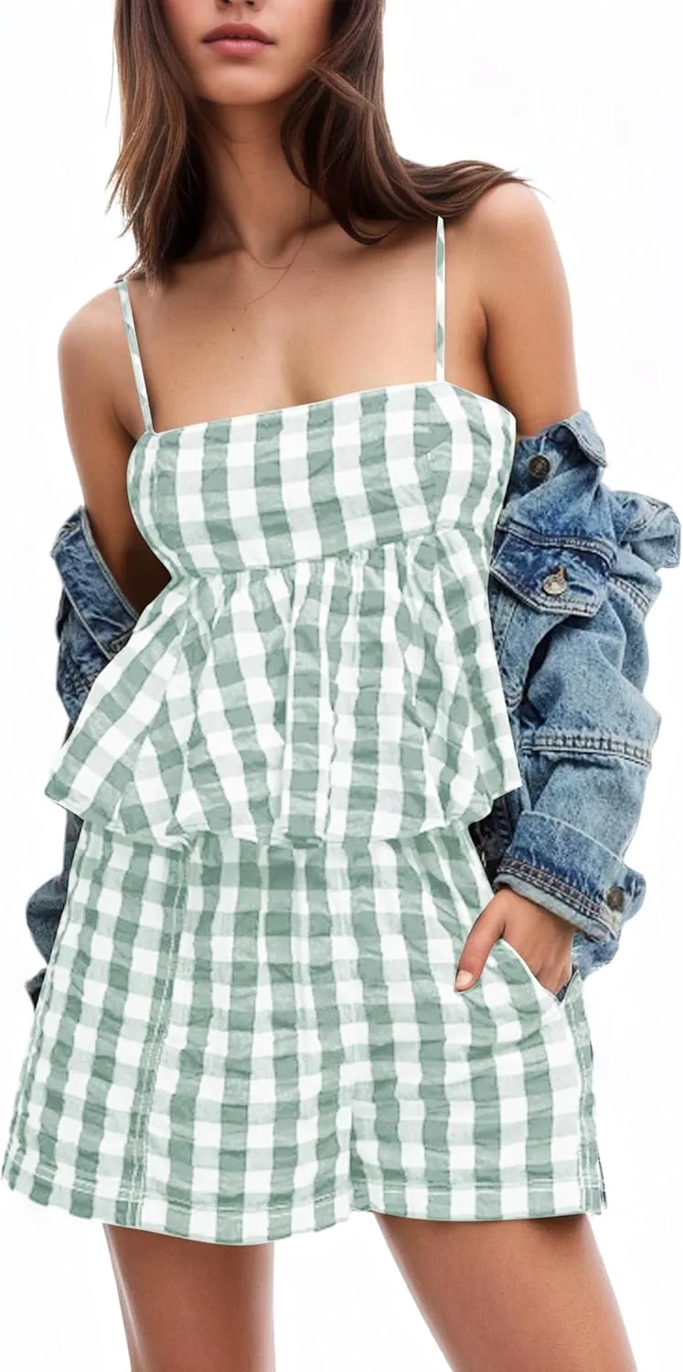 Gingham 2 Piece Lounge Sets For Women Plaid Sleeveless Peplum Crop Tank Tops Boxer Shorts Sets Matching Vacation Set