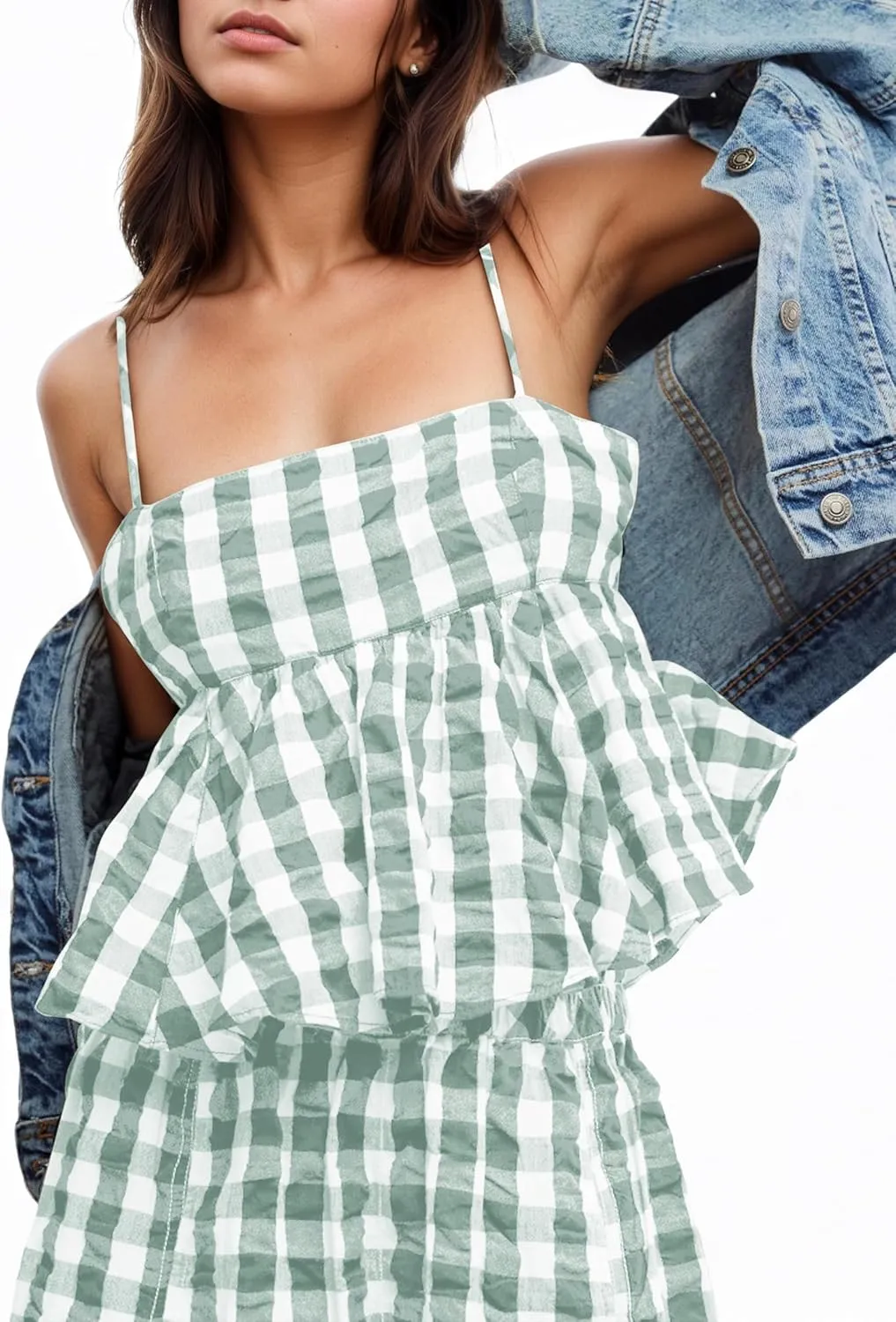 Gingham 2 Piece Lounge Sets For Women Plaid Sleeveless Peplum Crop Tank Tops Boxer Shorts Sets Matching Vacation Set