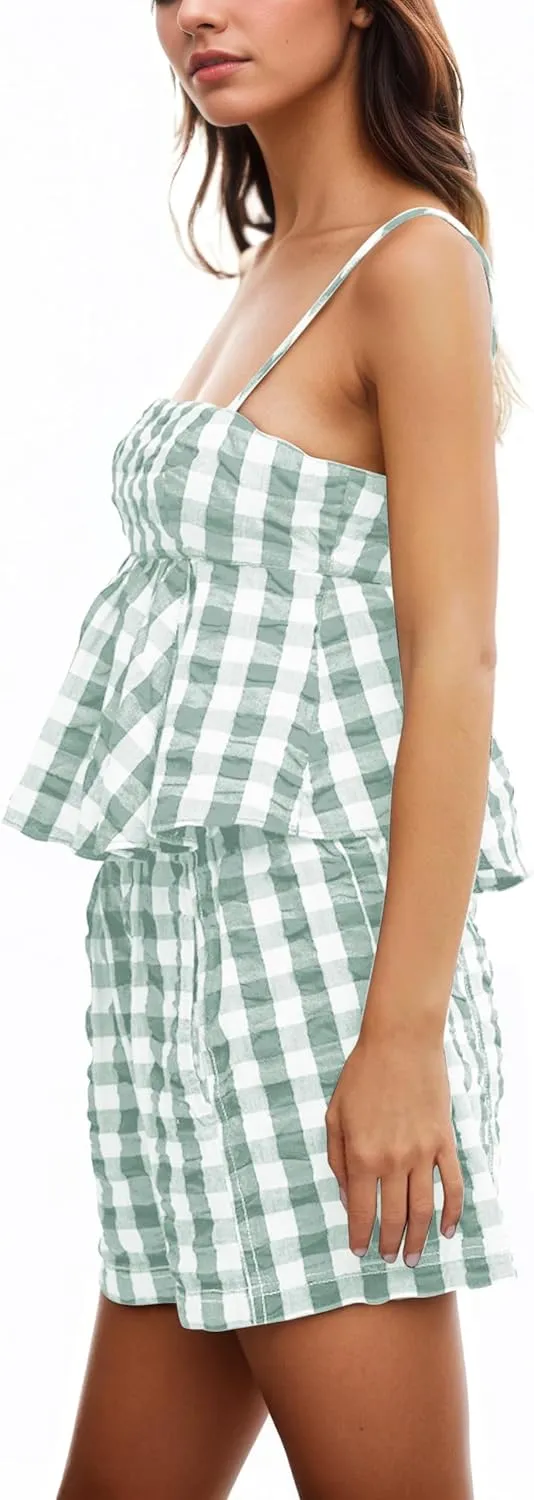 Gingham 2 Piece Lounge Sets For Women Plaid Sleeveless Peplum Crop Tank Tops Boxer Shorts Sets Matching Vacation Set