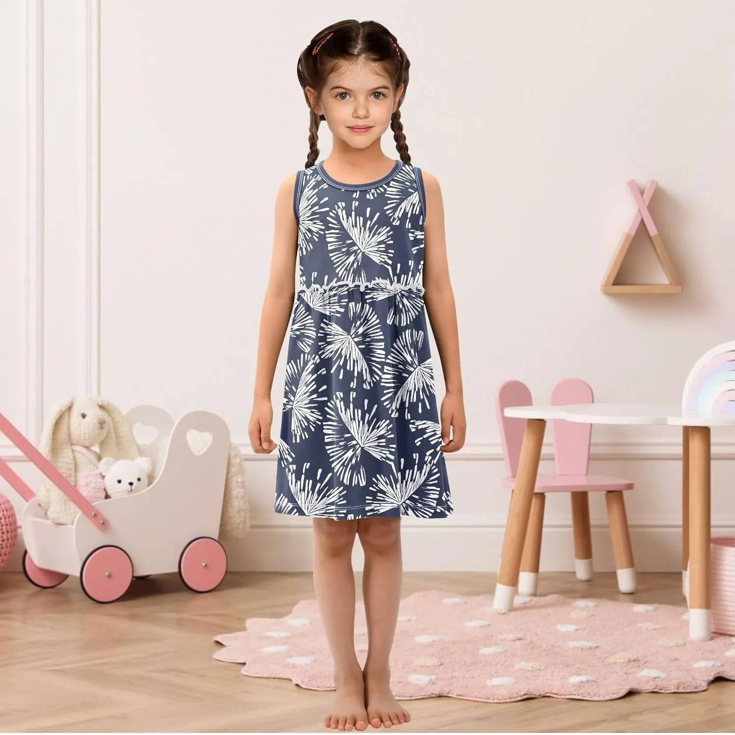 Girls Casual Dress Cute Sleeveless A-Line Swing Beach Summer Dress for 2-8 Years