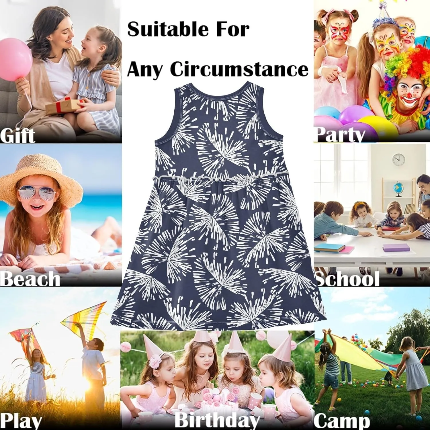 Girls Casual Dress Cute Sleeveless A-Line Swing Beach Summer Dress for 2-8 Years