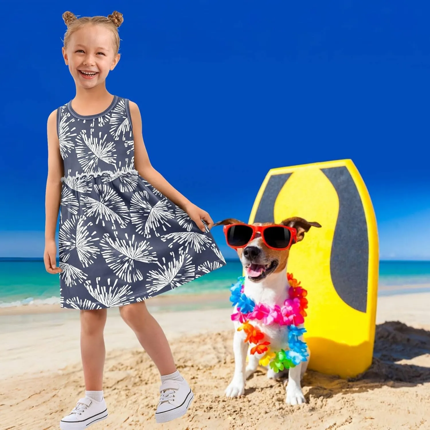Girls Casual Dress Cute Sleeveless A-Line Swing Beach Summer Dress for 2-8 Years