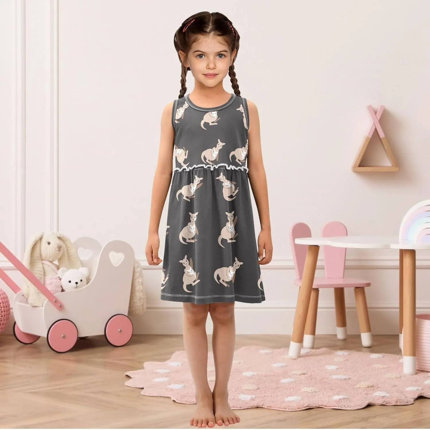 Girls' Sleeveless Dress Cute Kangaroo Animal Summer Swing Casual Cotton Beach Sundress for Girls 2T-8Y