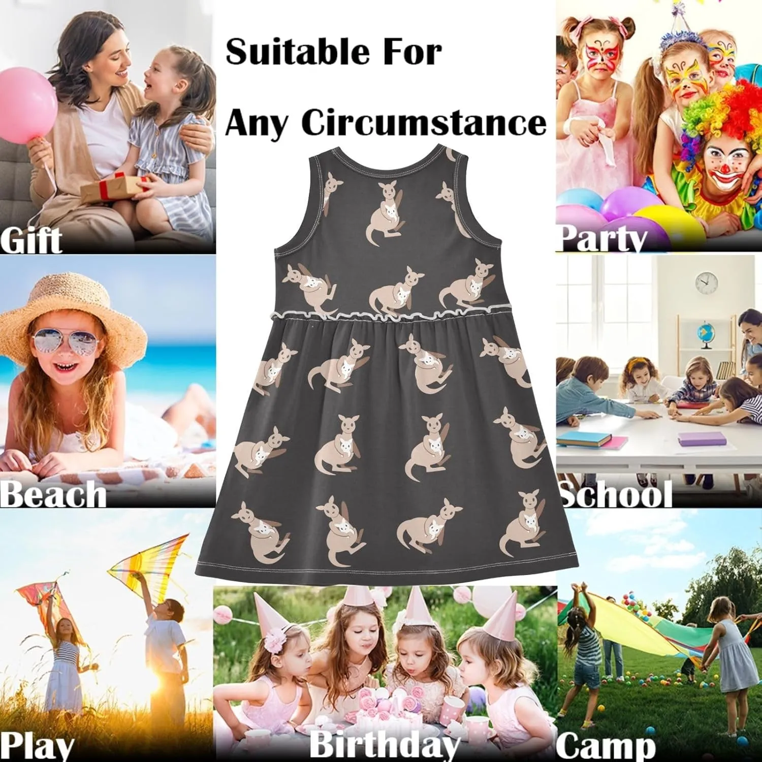 Girls' Sleeveless Dress Cute Kangaroo Animal Summer Swing Casual Cotton Beach Sundress for Girls 2T-8Y