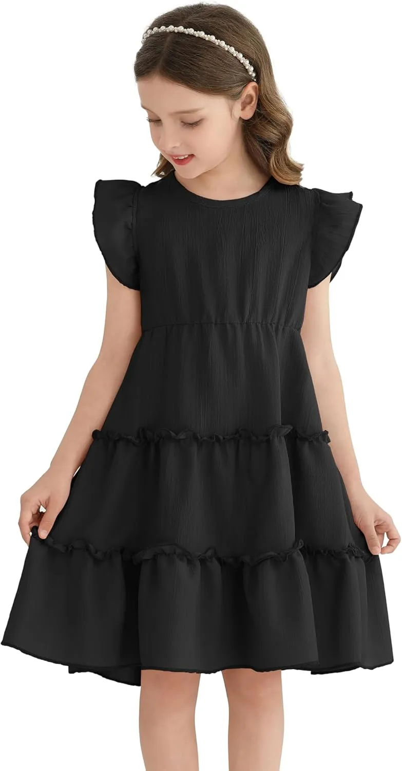 Girls Summer Dresses Tiered Crinkle Flowy Ruffle Sleeve A-Line Swing Backless Bow Lace-up Dress Size 4-12 Years