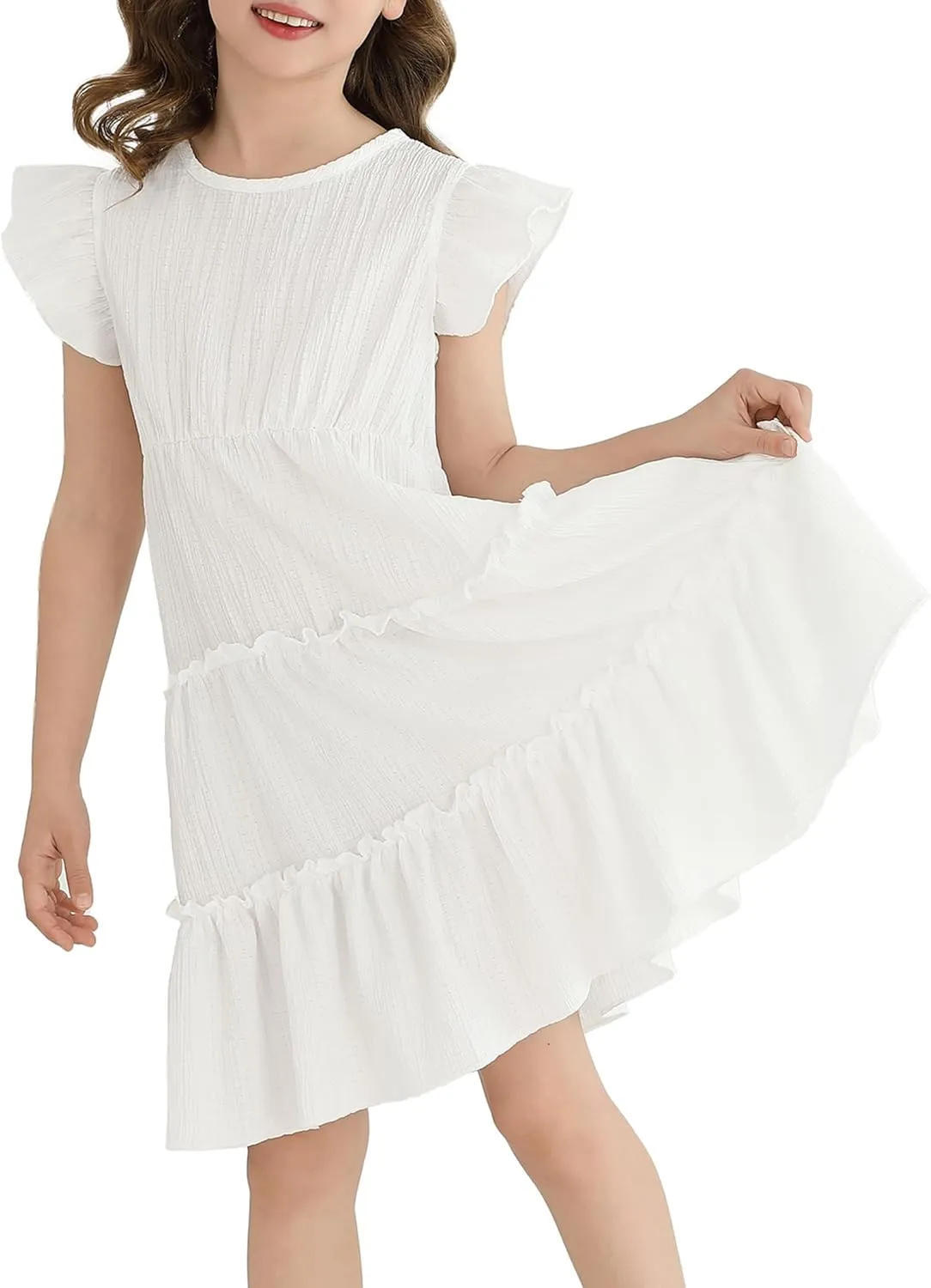 Girls Summer Dresses Tiered Crinkle Flowy Ruffle Sleeve A-Line Swing Backless Bow Lace-up Dress Size 4-12 Years
