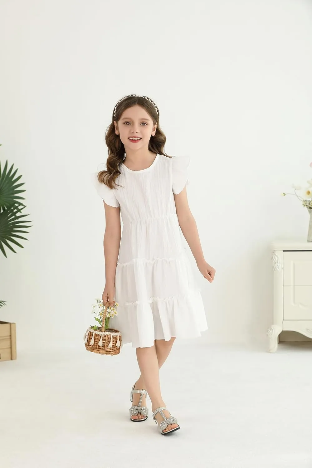 Girls Summer Dresses Tiered Crinkle Flowy Ruffle Sleeve A-Line Swing Backless Bow Lace-up Dress Size 4-12 Years
