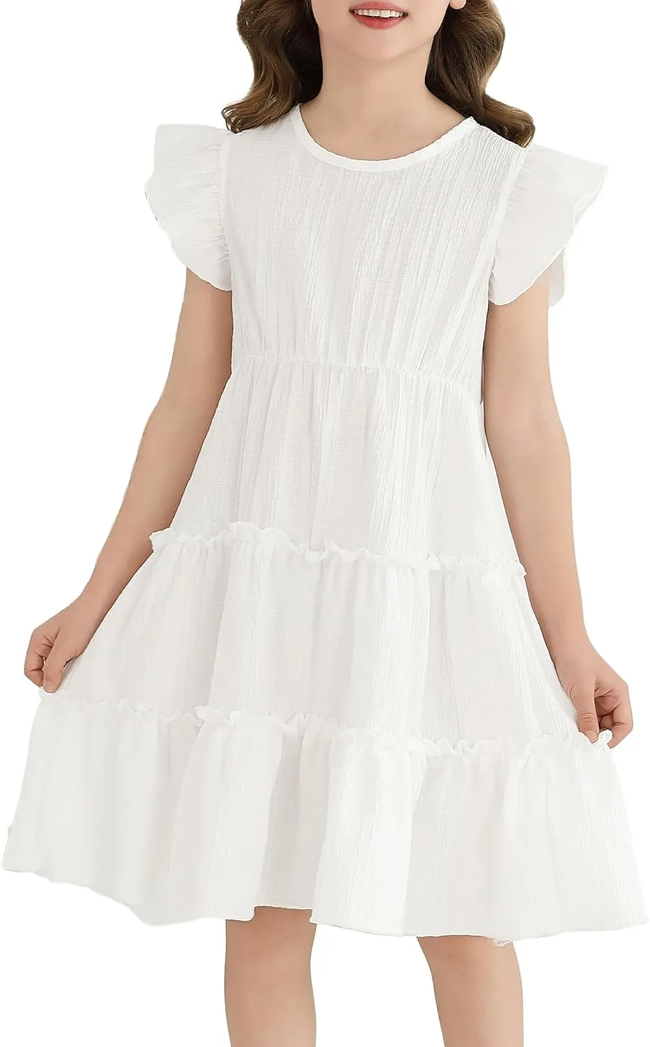 Girls Summer Dresses Tiered Crinkle Flowy Ruffle Sleeve A-Line Swing Backless Bow Lace-up Dress Size 4-12 Years