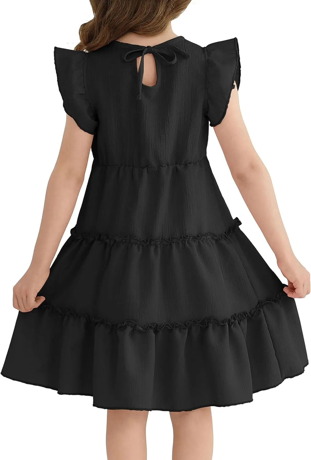 Girls Summer Dresses Tiered Crinkle Flowy Ruffle Sleeve A-Line Swing Backless Bow Lace-up Dress Size 4-12 Years