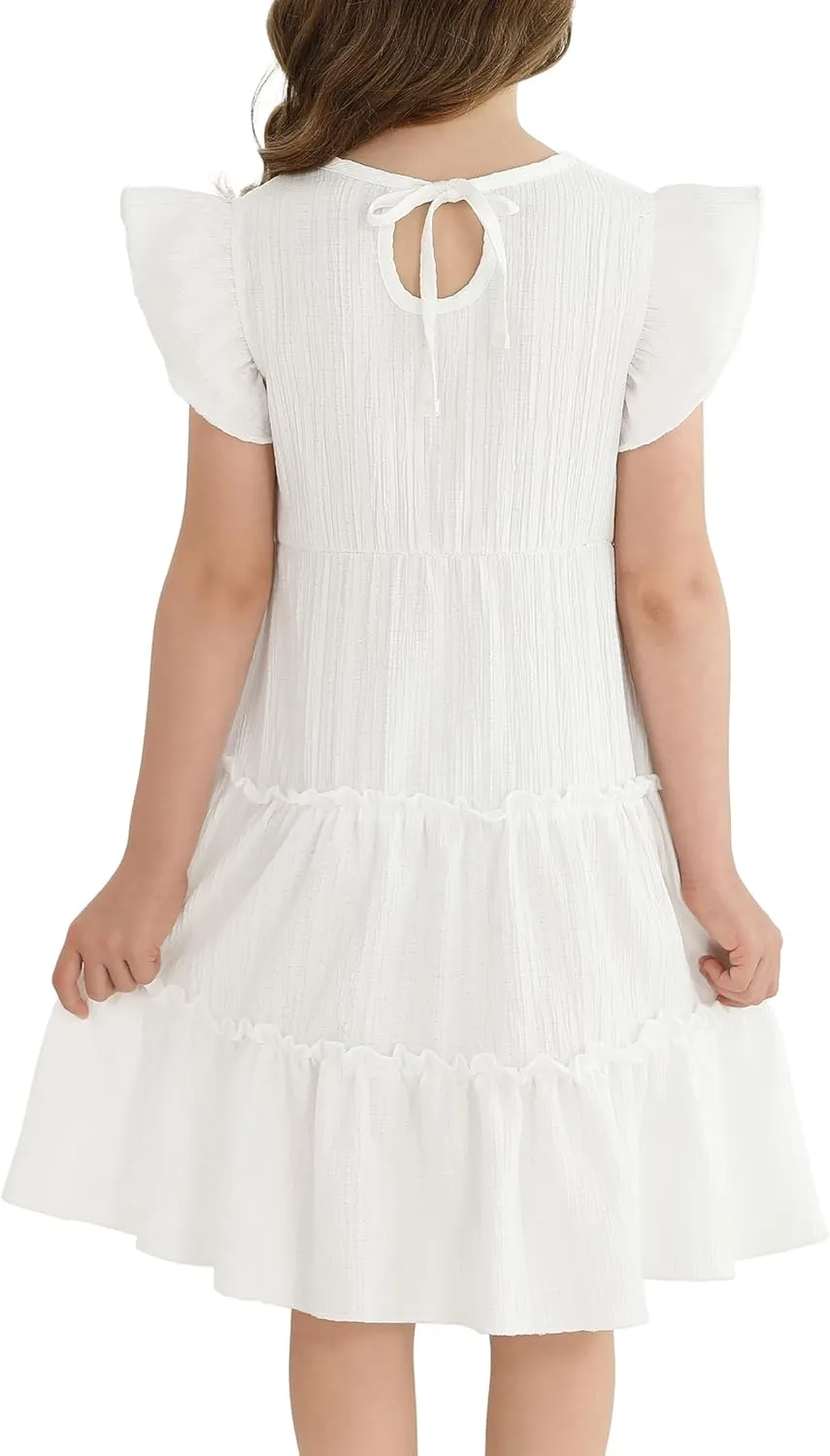 Girls Summer Dresses Tiered Crinkle Flowy Ruffle Sleeve A-Line Swing Backless Bow Lace-up Dress Size 4-12 Years