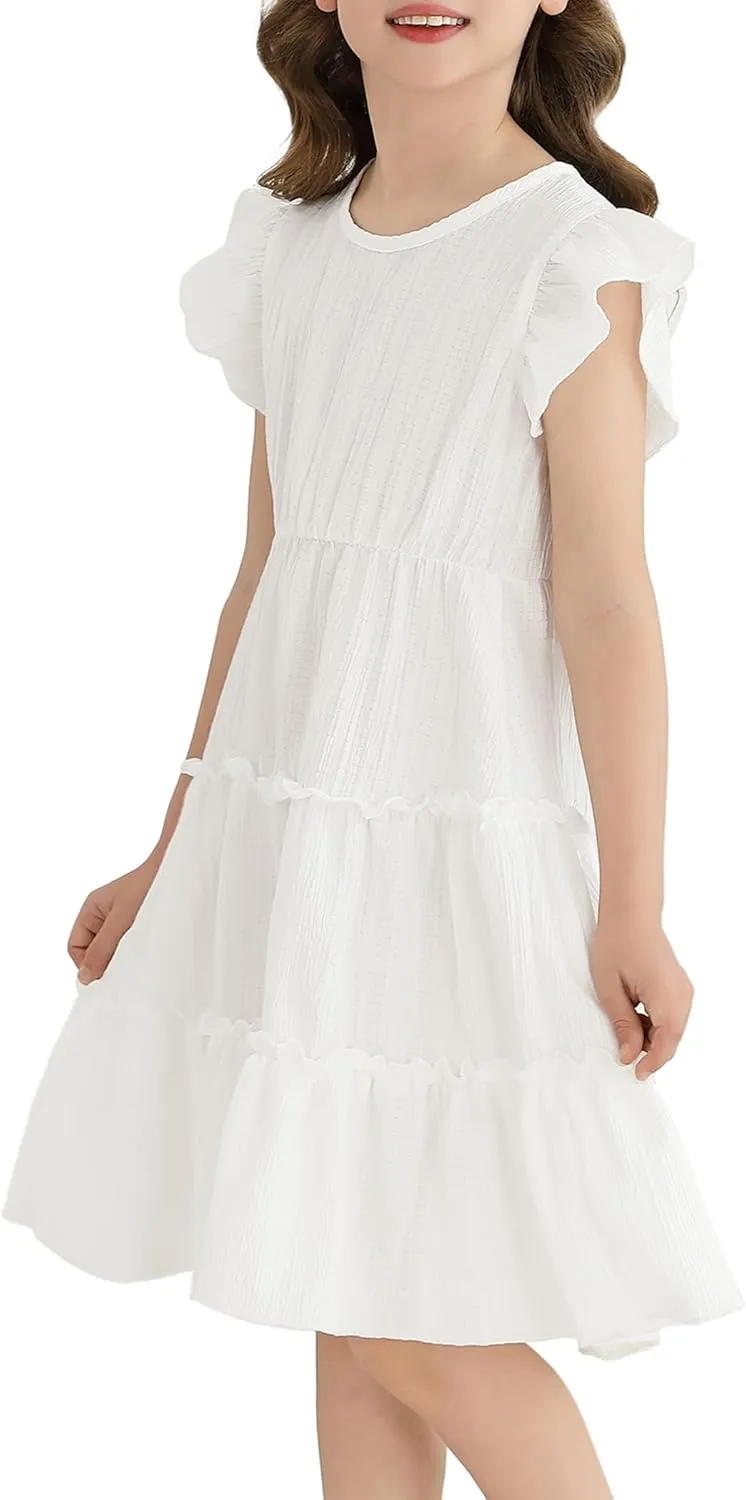 Girls Summer Dresses Tiered Crinkle Flowy Ruffle Sleeve A-Line Swing Backless Bow Lace-up Dress Size 4-12 Years