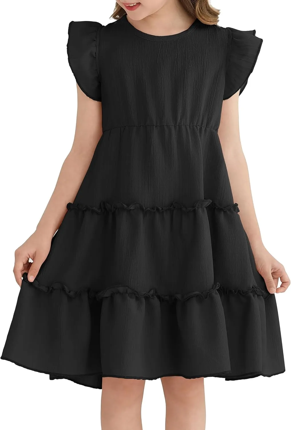 Girls Summer Dresses Tiered Crinkle Flowy Ruffle Sleeve A-Line Swing Backless Bow Lace-up Dress Size 4-12 Years