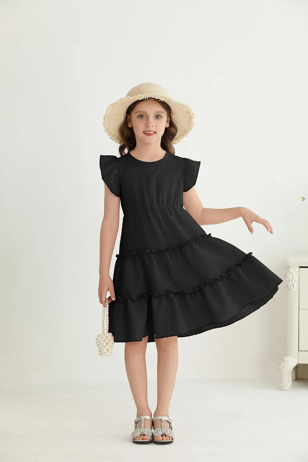 Girls Summer Dresses Tiered Crinkle Flowy Ruffle Sleeve A-Line Swing Backless Bow Lace-up Dress Size 4-12 Years