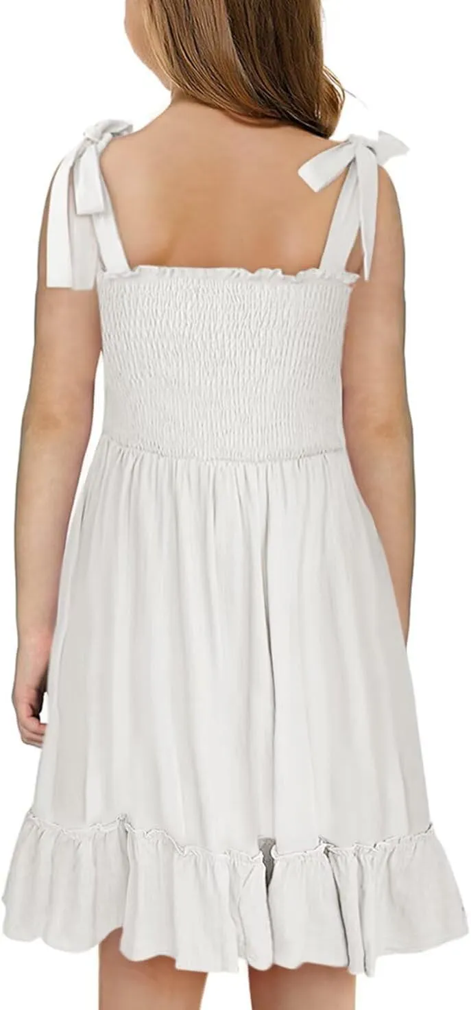 Girls Sundress Sleeveless Bowknot Strap Smocked Dress 4-13 Years