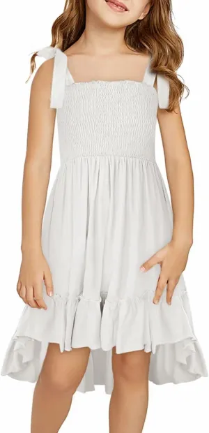 Girls Sundress Sleeveless Bowknot Strap Smocked Dress 4-13 Years