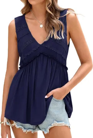 Glamaker Women Summer Tank Tops Babydoll Beach Lace Peplum Tops Flowy Sleeveless V Neck Casual Tunic Shirts