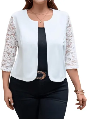 GORGLITTER Women's Plus Lace Shrugs Bolero Floral Sheer 3/4 Sleeve Open Front Lightweight Cardigans
