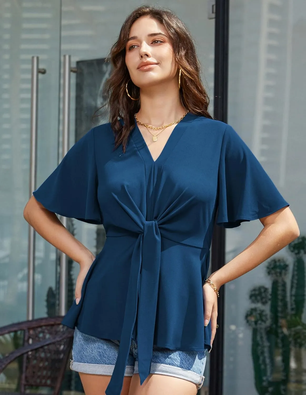 GRACE KARIN 2024 Women's Elegant V Neck Peplum Tops Tie Front Short Bell Sleeve Shirts Tops Blouse