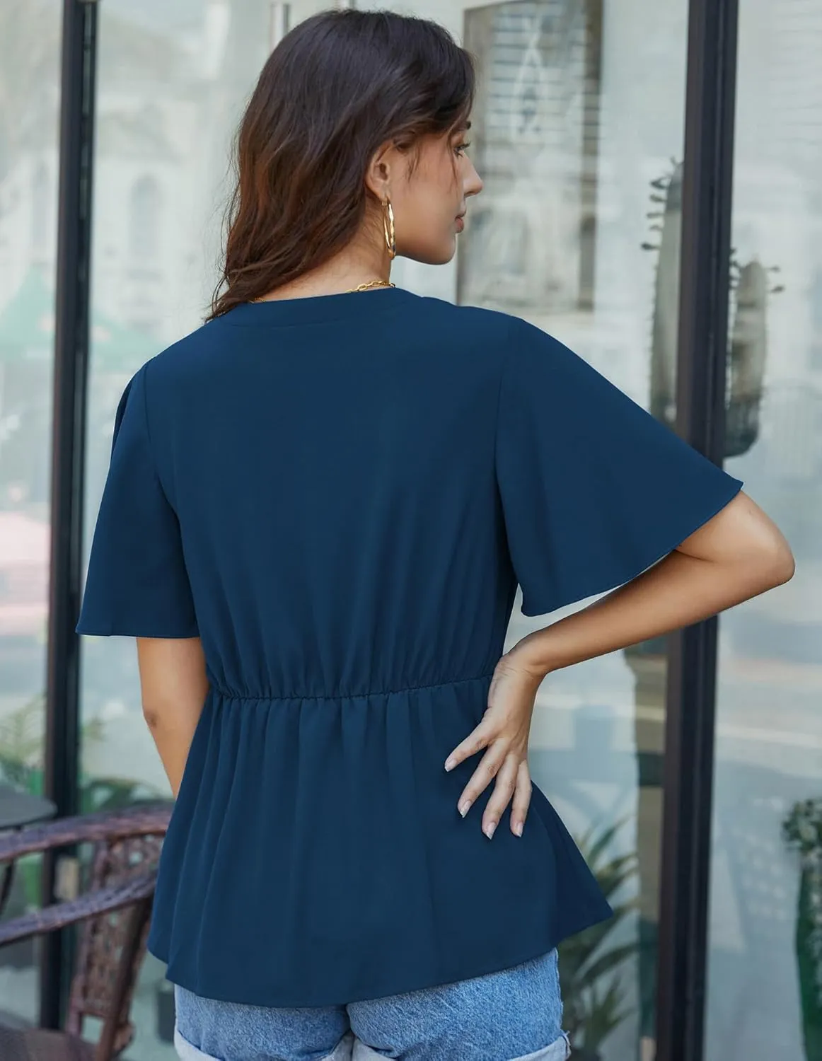 GRACE KARIN 2024 Women's Elegant V Neck Peplum Tops Tie Front Short Bell Sleeve Shirts Tops Blouse