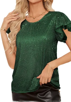 GRACE KARIN Women's Sparkly Sequin Tops Short Sleeve Glitter Dressy Blouses Round Neck Club Ruffle Party Tops