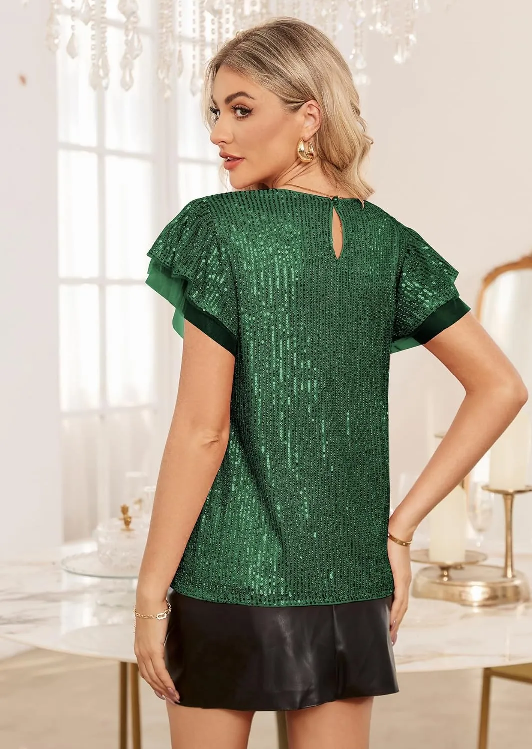 GRACE KARIN Women's Sparkly Sequin Tops Short Sleeve Glitter Dressy Blouses Round Neck Club Ruffle Party Tops