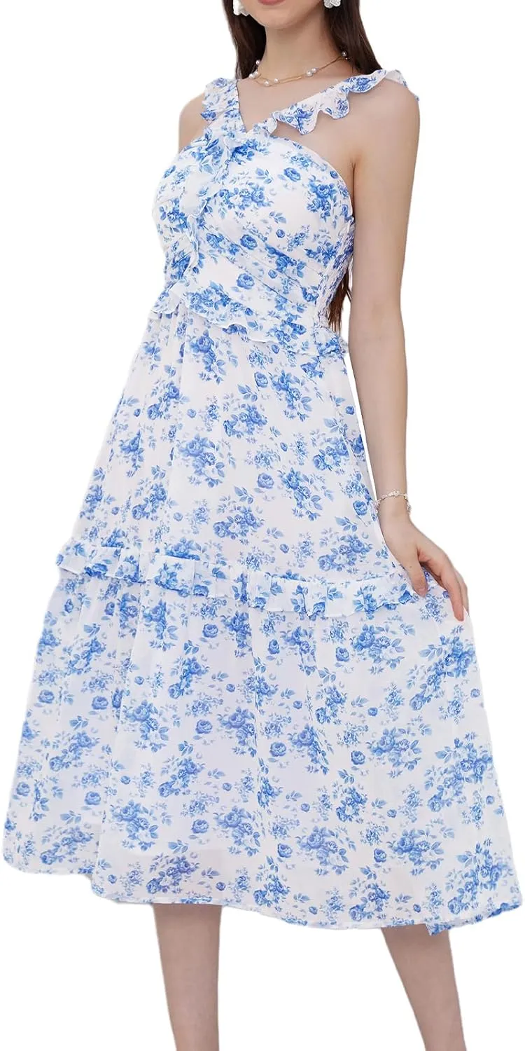 GRACE KARIN Womens Summer Boho Floral Tiered Dress Strap A Line Swing Flowy Midi Dress Ruffle Beach Wedding Guest Dress