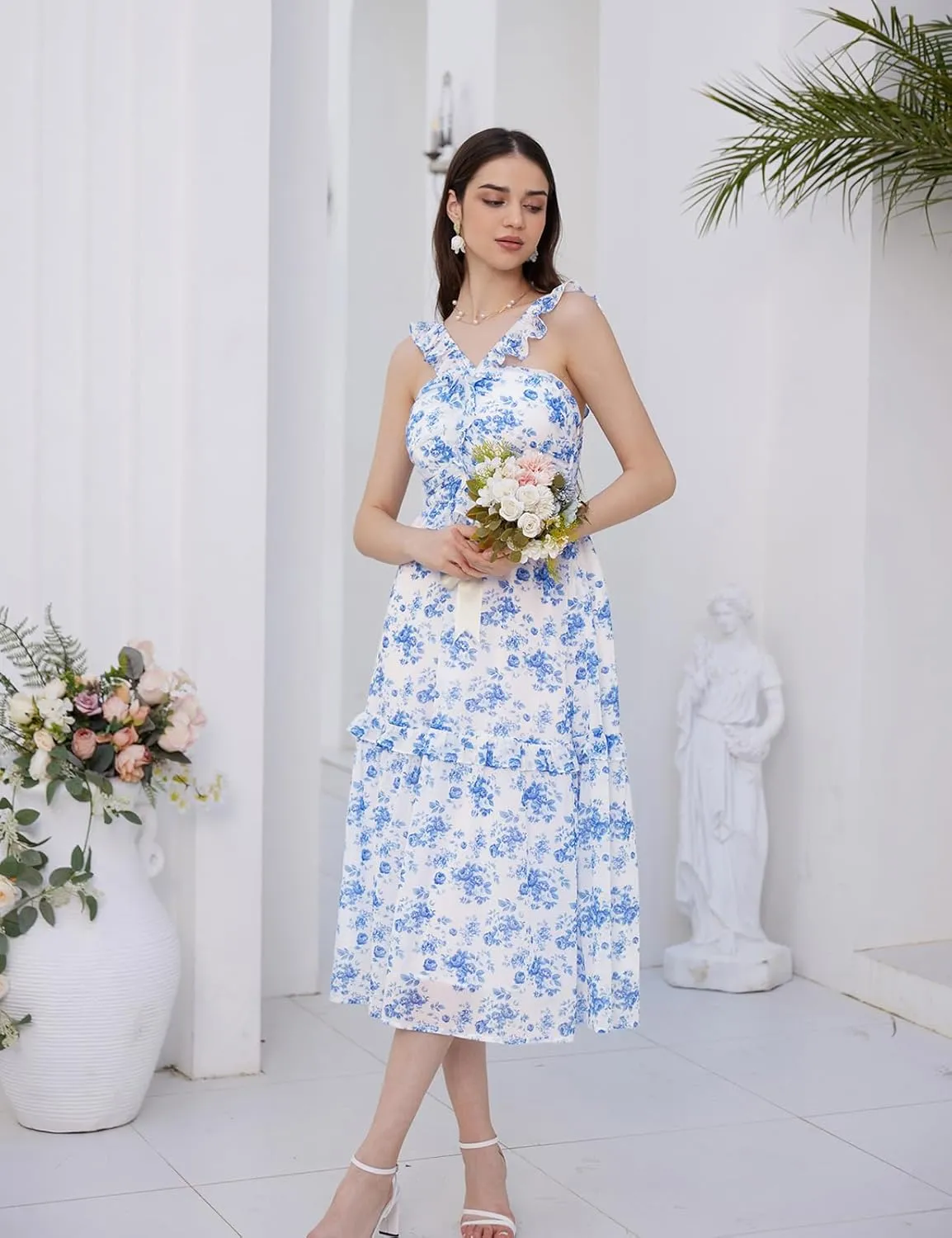 GRACE KARIN Womens Summer Boho Floral Tiered Dress Strap A Line Swing Flowy Midi Dress Ruffle Beach Wedding Guest Dress