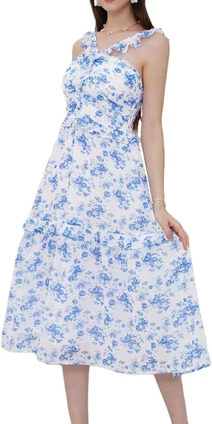 GRACE KARIN Womens Summer Boho Floral Tiered Dress Strap A Line Swing Flowy Midi Dress Ruffle Beach Wedding Guest Dress
