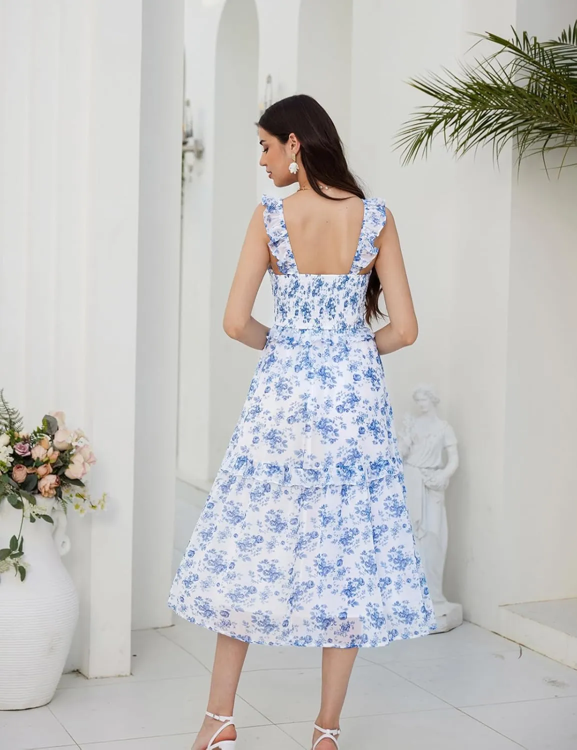 GRACE KARIN Womens Summer Boho Floral Tiered Dress Strap A Line Swing Flowy Midi Dress Ruffle Beach Wedding Guest Dress