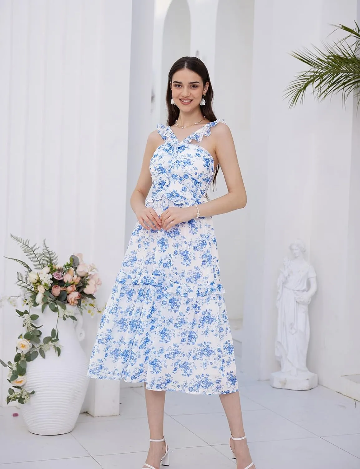 GRACE KARIN Womens Summer Boho Floral Tiered Dress Strap A Line Swing Flowy Midi Dress Ruffle Beach Wedding Guest Dress