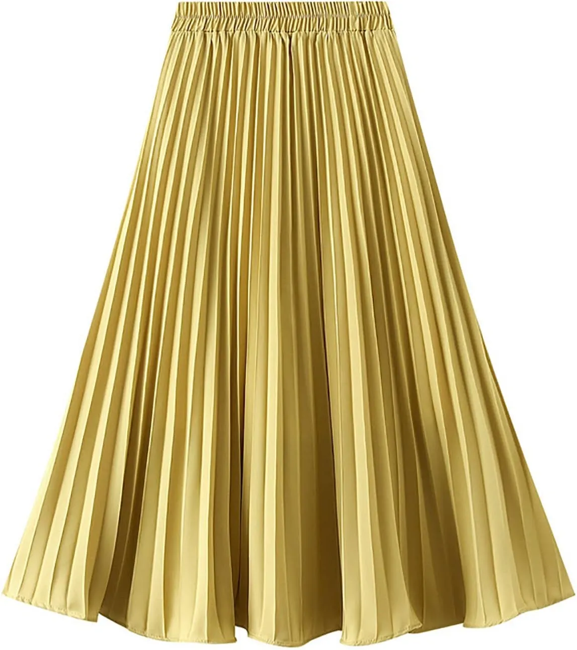 HGps8w Women Elegant Pleated Skirt Solid Color High Elastic Waist Midi Swing A-line Skirts