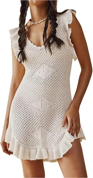 Hotmiss Women's Summer Casual Babydoll Mini Dress Ruffle Sleeveless V Neck Pleated Swing Tunic Dress