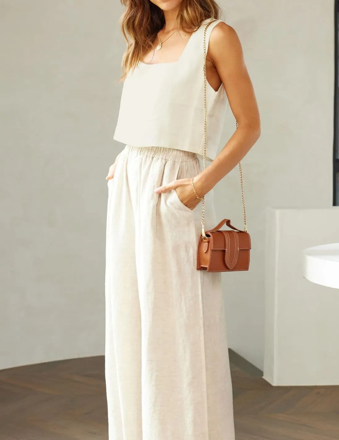 IDEALSANXUN Linen Crop Tank Tops for Women Summer Square Neck Sleeveless Casual Loose Cute Cotton Linen Tops