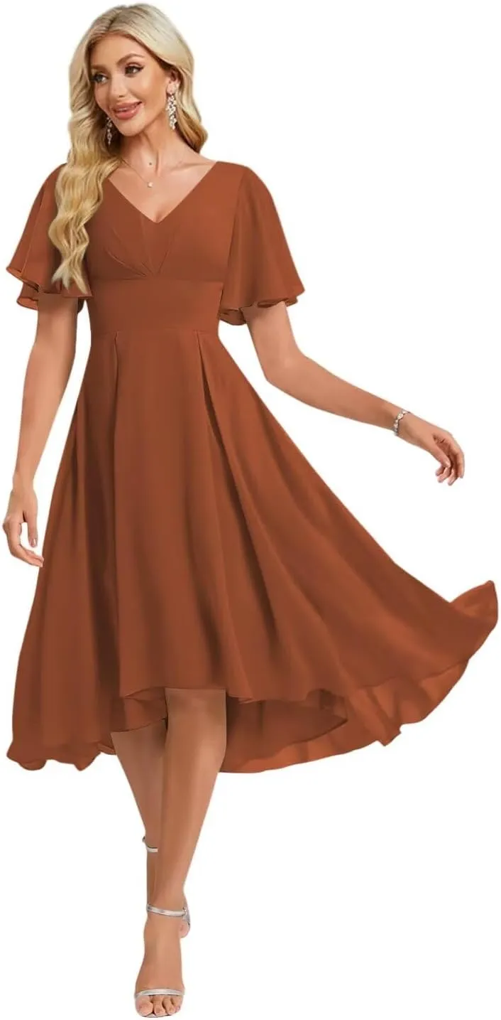 IKMNN Chiffon A Line Bridesmaid Dresses for Women Tea Length Short Sleeve V Neck Formal Evening Dresses IK070