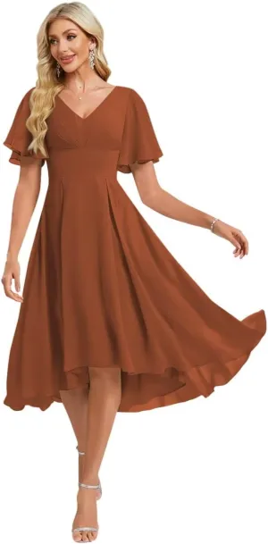 IKMNN Chiffon A Line Bridesmaid Dresses for Women Tea Length Short Sleeve V Neck Formal Evening Dresses IK070