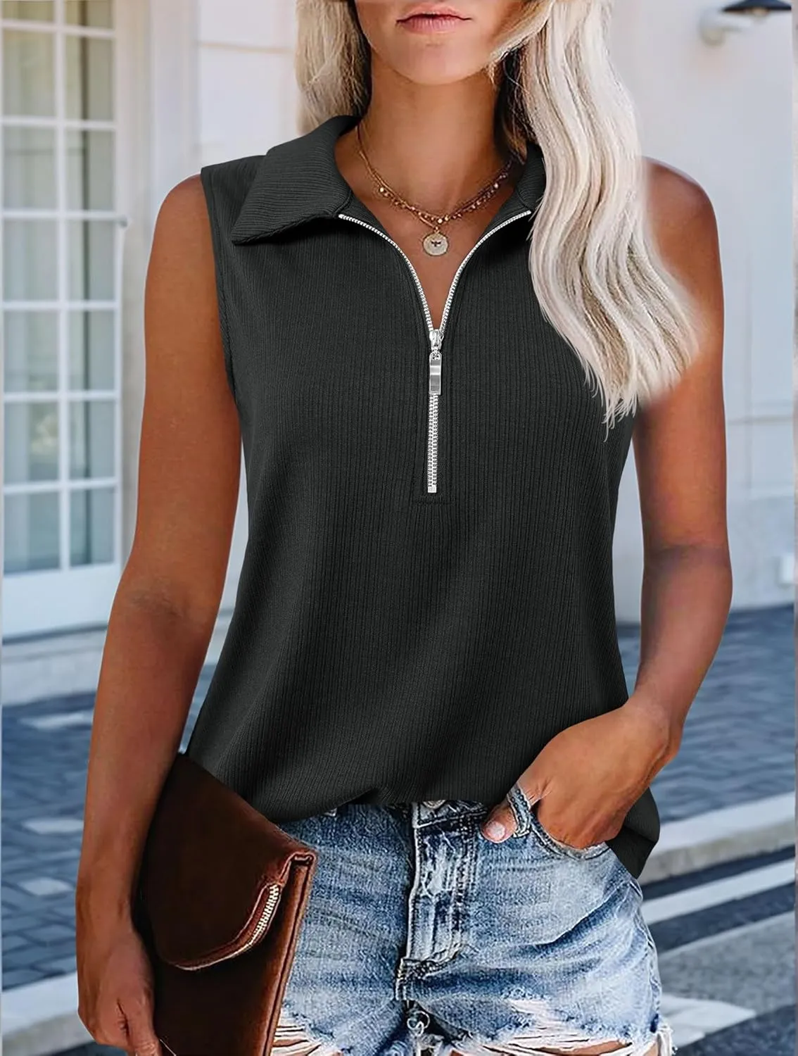 Imily Bela Women's Summer Sleeveless Tank Tops Zipper V Neck Ribbed Dressy Casual Blouses Loose Business Polo Shirts