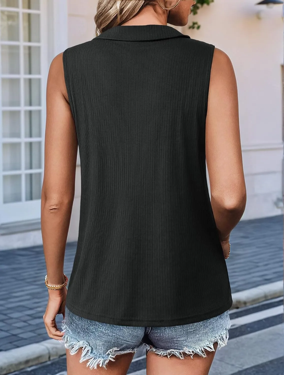 Imily Bela Women's Summer Sleeveless Tank Tops Zipper V Neck Ribbed Dressy Casual Blouses Loose Business Polo Shirts