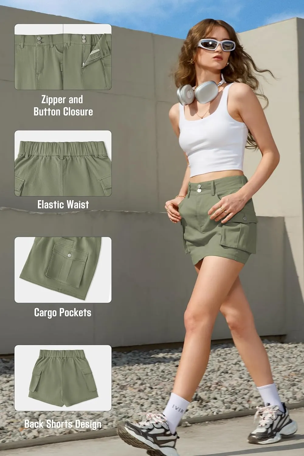 IVIR Women's Skorts Cargo Skirt Mini Y2K Skirt with 4 Pockets Elastic Waist Button Bodycon Denim Skirts Shorts for Women