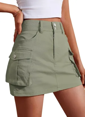 IVIR Women's Skorts Cargo Skirt Mini Y2K Skirt with 4 Pockets Elastic Waist Button Bodycon Denim Skirts Shorts for Women