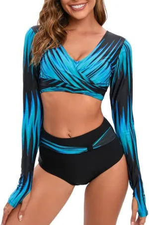 JadeRich Women's Fashion Pattern Long Sleeve Tankini Sets UPF 50  Rash Guard Swimsuit Sun Block Swimwear