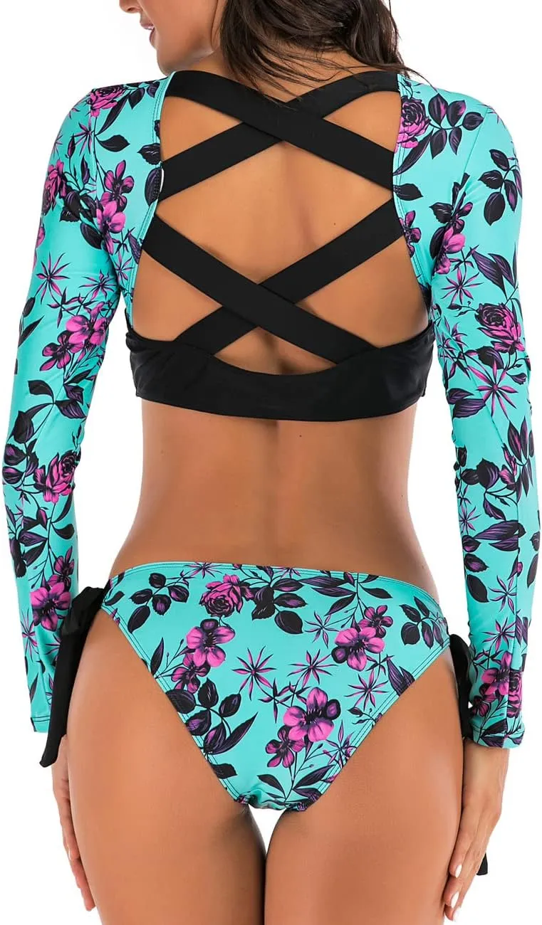 JadeRich Women's Fashion Pattern Long Sleeve Tankini Sets UPF 50  Rash Guard Swimsuit Sun Block Swimwear