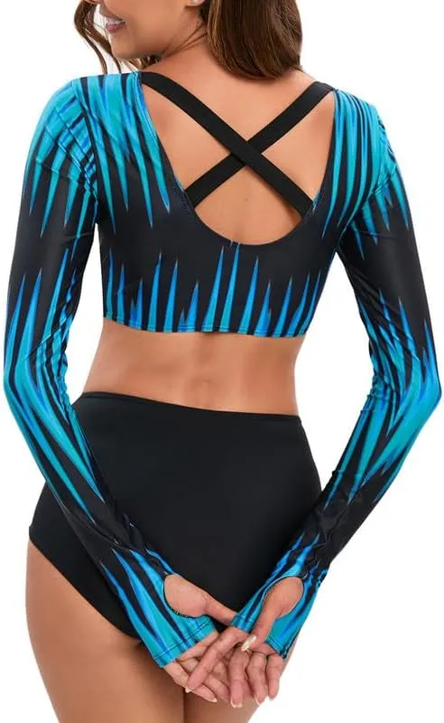 JadeRich Women's Fashion Pattern Long Sleeve Tankini Sets UPF 50  Rash Guard Swimsuit Sun Block Swimwear