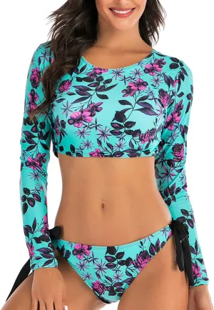 JadeRich Women's Fashion Pattern Long Sleeve Tankini Sets UPF 50  Rash Guard Swimsuit Sun Block Swimwear
