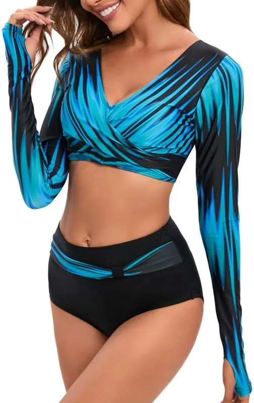 JadeRich Women's Fashion Pattern Long Sleeve Tankini Sets UPF 50  Rash Guard Swimsuit Sun Block Swimwear