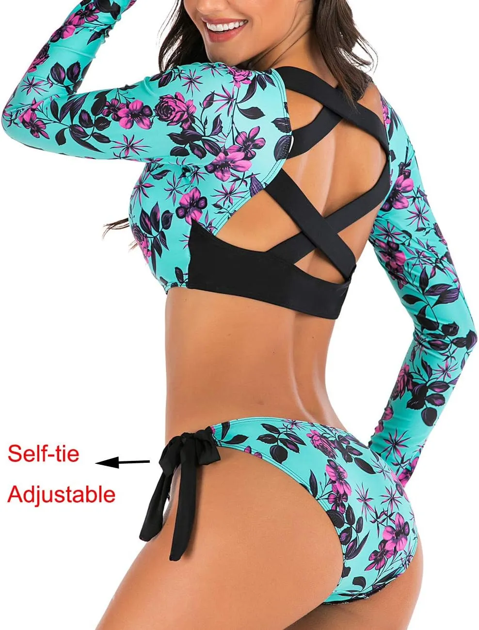 JadeRich Women's Fashion Pattern Long Sleeve Tankini Sets UPF 50  Rash Guard Swimsuit Sun Block Swimwear