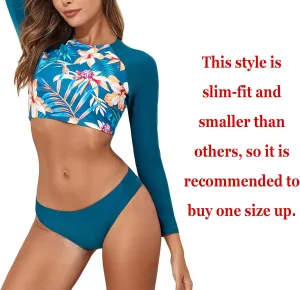 JadeRich Women's Fashion Pattern Long Sleeve Tankini Sets UPF 50  Rash Guard Swimsuit Sun Block Swimwear